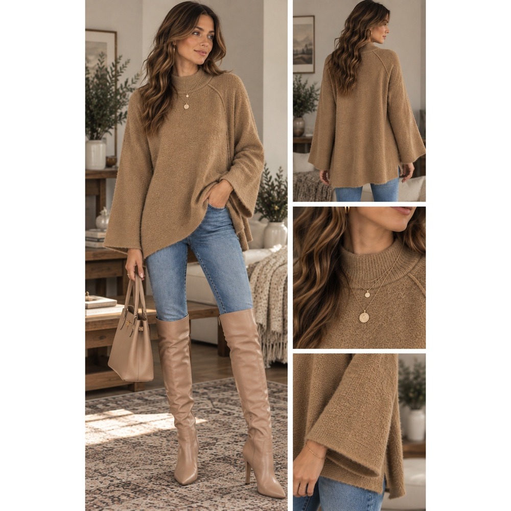 Calvin Klein Womens L Wool Blend‎ Oversized Mock Neck Sweater Wide Sleeve